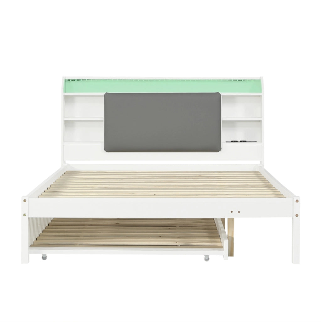 Letto 120x200 cm con letto estraibile; testiera imbottita; LED in legno bianco
