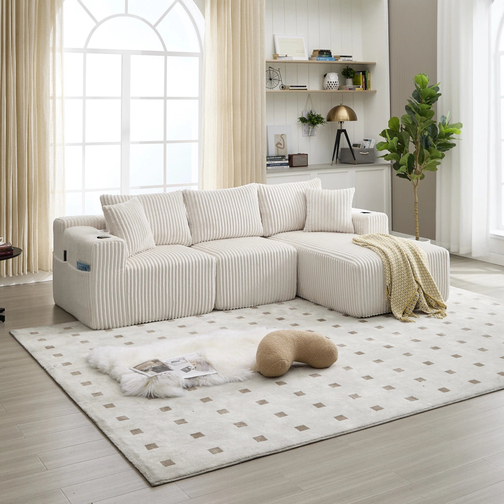 Divano modulare con chaise longue e 2 posti in corduroy beige con 5 cuscini, tasche laterali e portabicchieri