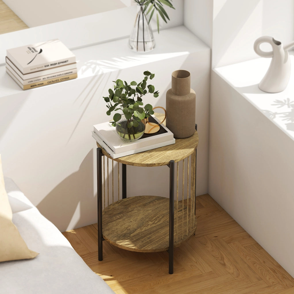 Tavolino da caff¨¨ rotondo 2 livelli ¨C Xylo ¨C struttura acciaio legno naturale 43,5x43,5x51 cm
