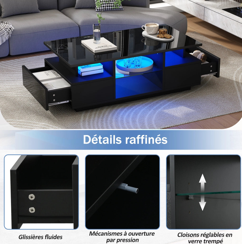 Tavolino da caffè 100x50x36 cm con 2 cassetti; LED; ripiani in vetro; nero lucido
