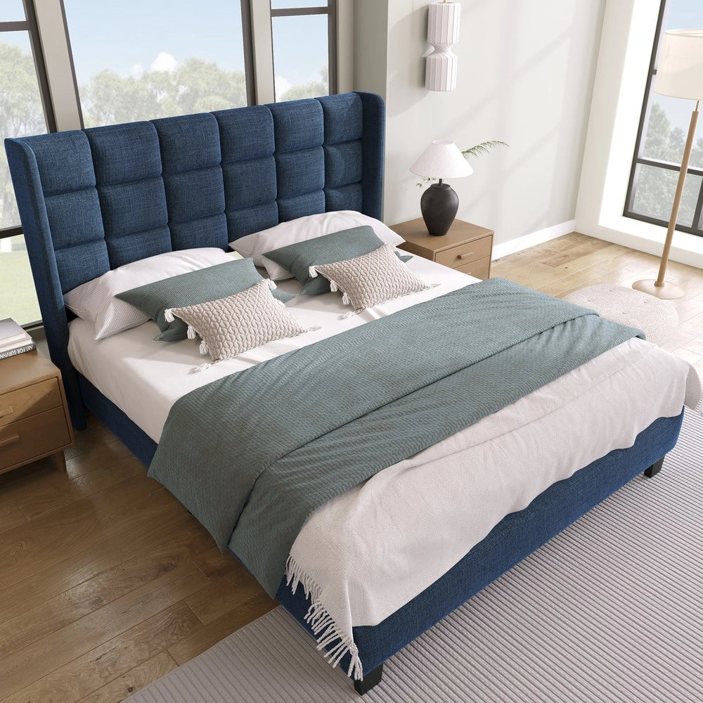 Letto imbottito matrimoniale con rete a doghe ¨C Minimal ¨C Blu lino 140x200 cm
