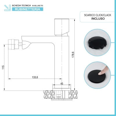 Miscelatore bidet in ottone nero opaco con piletta click clack Lotus