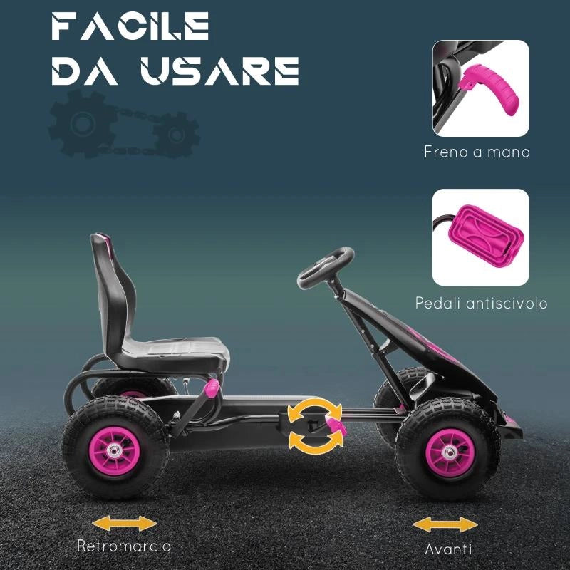 GO KART A PEDALI PER BAMBINI 5-12 ANNI CON SEDILE REGOLABILE, IN METALLO E PP 121X58X61 CM, ROSA E NERO