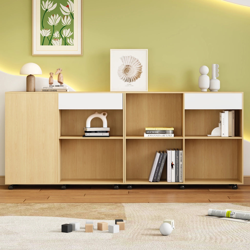 Mobile contenitore modulare con ripiani aperti e rotelle per soggiorno, camera e ufficio in MDF bianco e rovere chiaro