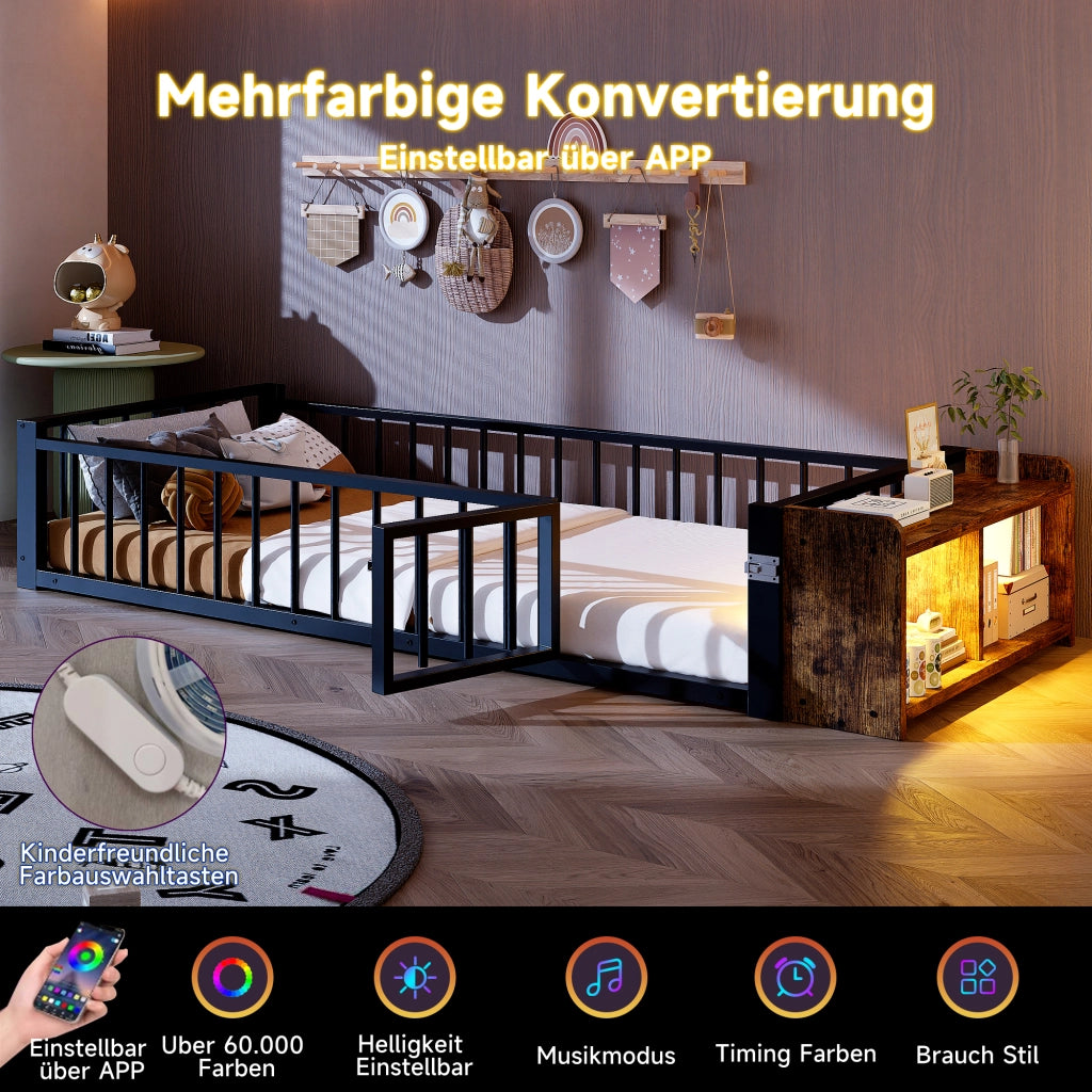 Letto in metallo con cassetti LED 90x200 MDF nero e metallo