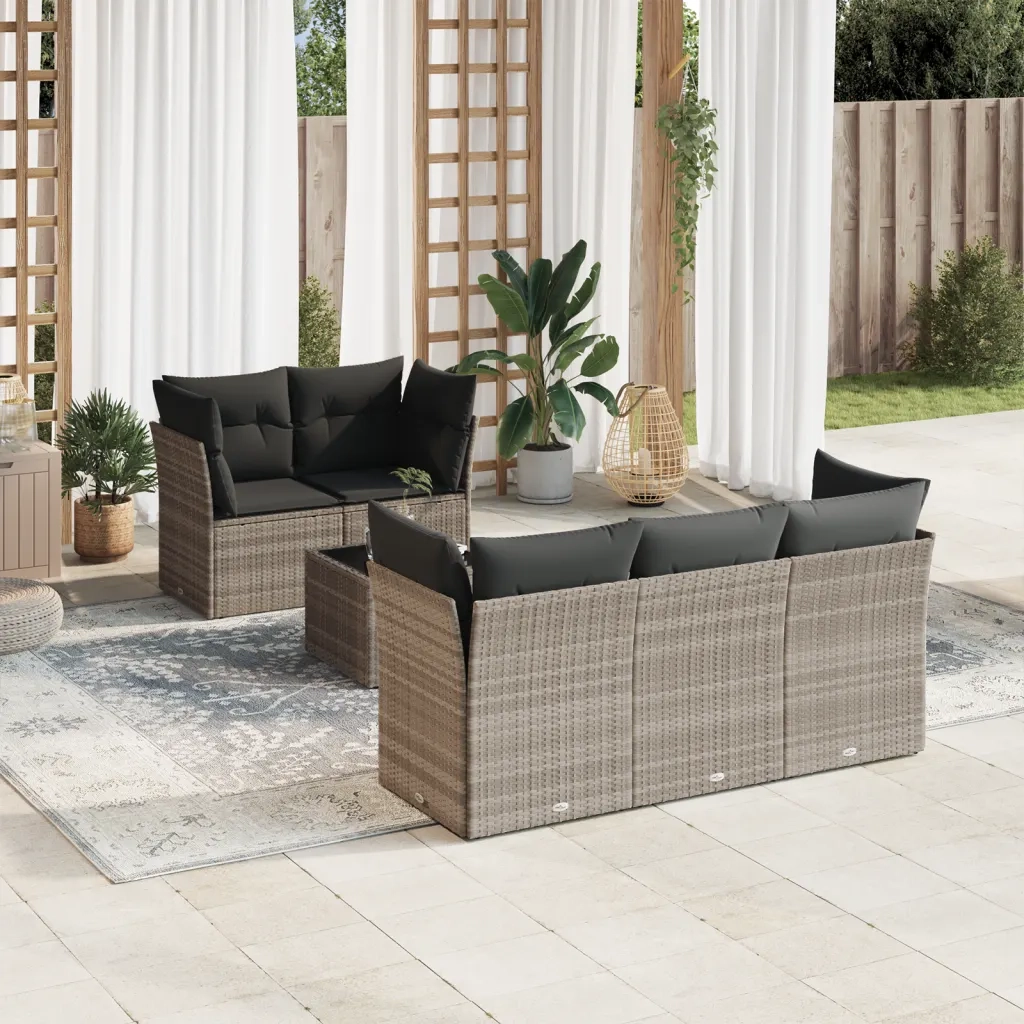 Set Divano da Giardino 6pz con Cuscini Grigio Chiaro Polyrattan