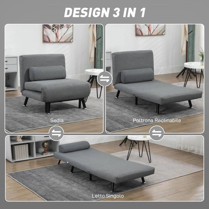 POLTRONA LETTO CON SCHIENALE REGOLABILE IN 5 POSIZIONI, TESSUTO EFFETTO LINO E ACCIAIO, 75X70X75 CM, GRIGIO