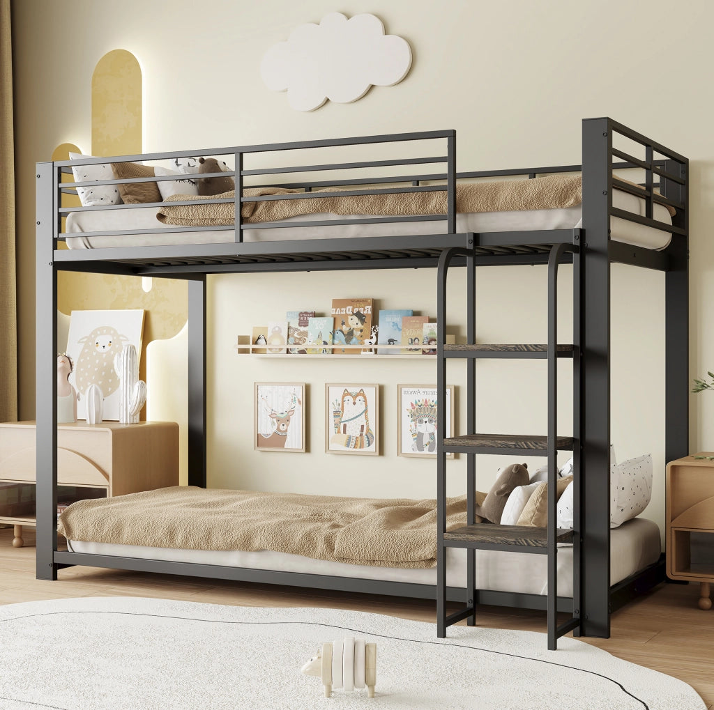 Letto a castello in metallo con scale in MDF 204x115x145 cm nero