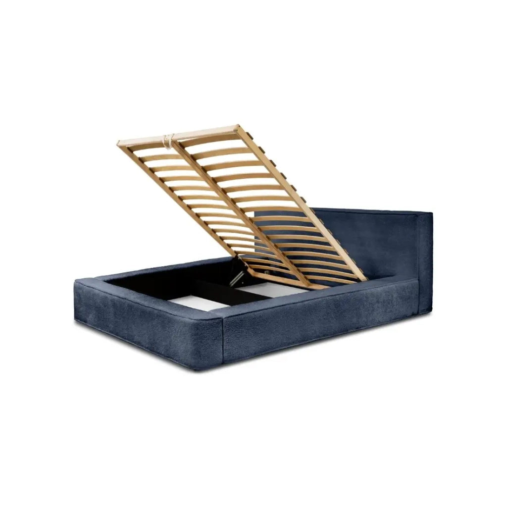 Letto contenitore VELORA – Blu acciaio bouclé – 180x200 cm – Tessuto velluto morbido – Rete sollevabile – Spazio di stoccaggio integrato