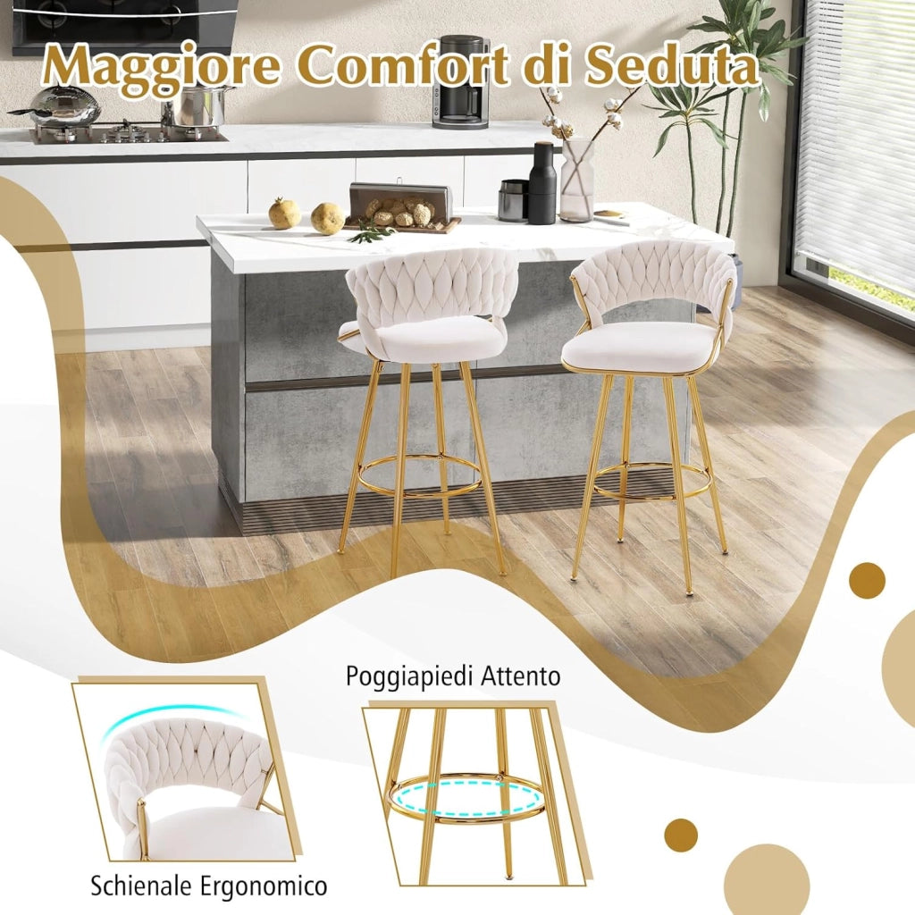 Set di 2 Sgabelli Bar in Velluto, Sgabello Bar di 73 cm con Schienale Intrecciato e Gambe in Metallo, con Schienale e Piedini Regolabili, per Cucina, Sala da Pranzo, Portata 200 kg(Bianco)