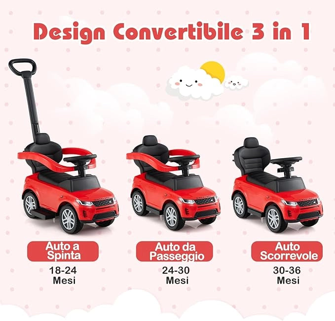 3 in 1 Auto a Spinta, Macchinina a Pedale con Manico Removibile e Paracolpi, Clacson e Suodo di Avvio, Macchina Cavalcabile per Bambini 18-36 Mesi (Rosso)
