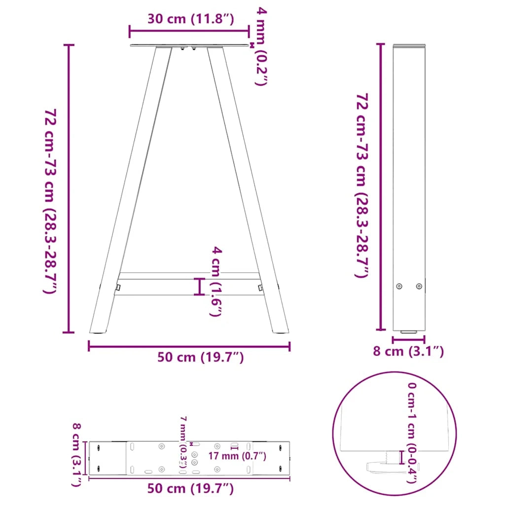 Set di 2 gambe per tavolo da pranzo a forma di A 50 x 72 cm design moderno con piedini regolabili acciaio nero 02_0057125
