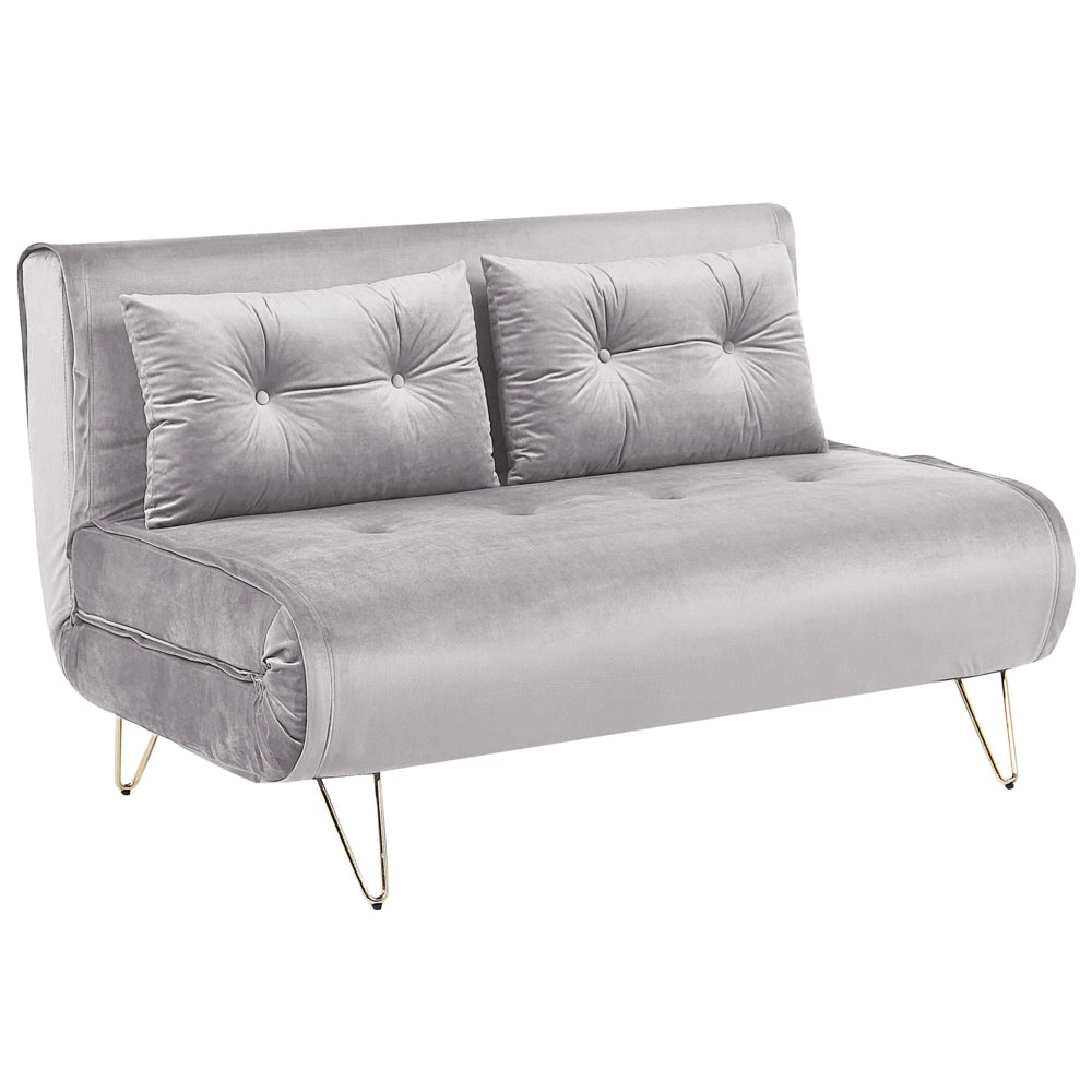 Divano Letto Velluto Grigio 2 Posti Letto Sfoderabile senza braccioli Con 2 Cuscini Gambe In Metallo dorato Glamour