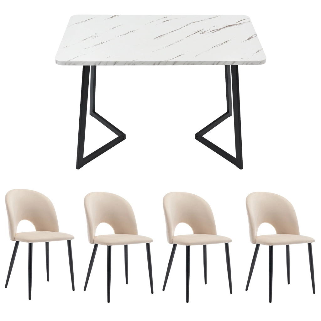 Tavolo da pranzo per 4 persone con 4 sedie in velluto, gambe regolabili, beige, 117 × 68 × 75 cm