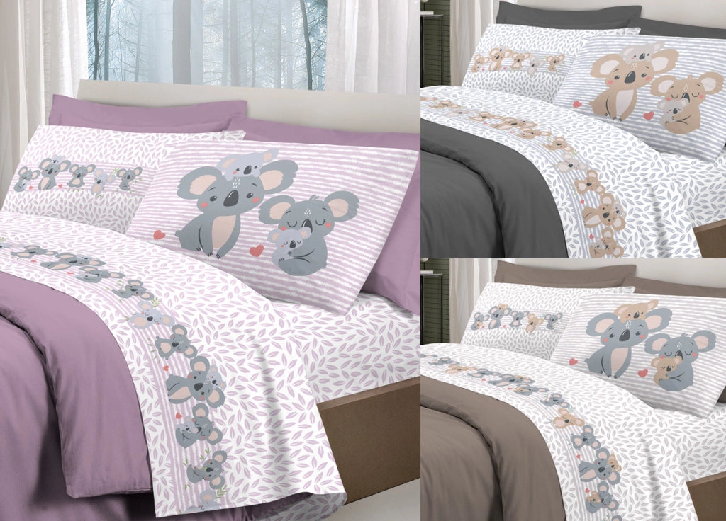 Completo Lenzuola Letto Pensieri Delicati 100% Cotone Dis. Koala Family - Piazza E Mezza - Rosa