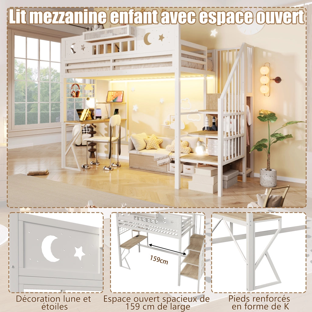 Letto a soppalco 90x200 cm con scrivania; pannello pegboard; ripiani; LED e USB; metallo bianco