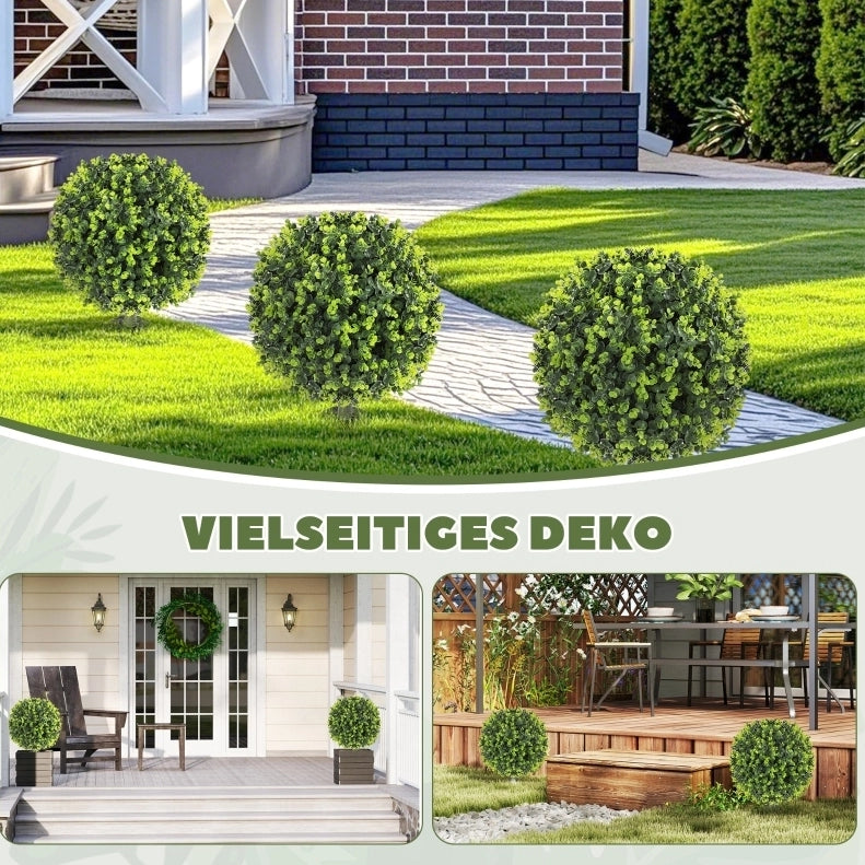 Set di 2 Piante Artificiali a Sfera di Bosso, Verde, con Asta per il Terreno, per Interni ed Esterni