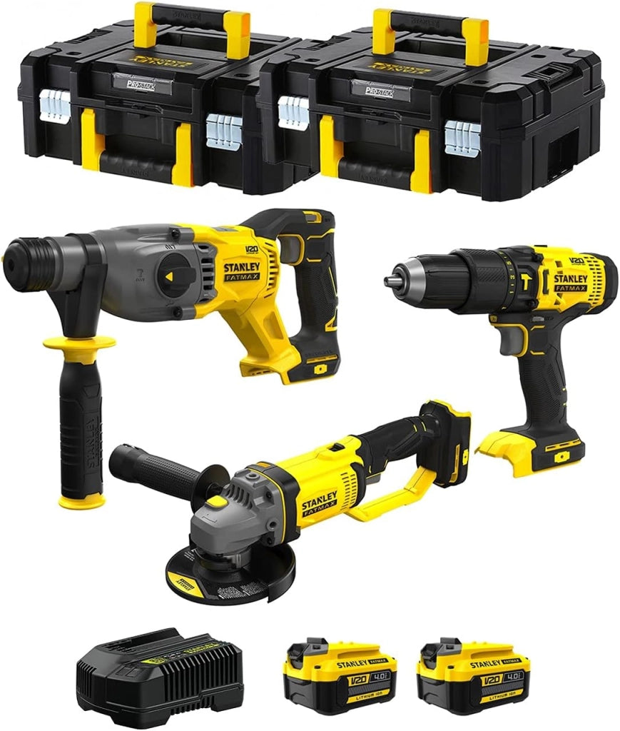 STANLEY FatMax Kit SVK301 (Tassellatore SFMCH900 + Smerigliatrice SFMCG400 + Trapano a Percussione SFMCD711 + 2 Batterie 4,0 Ah + Caricabatteria + 2 x TSTAK II)