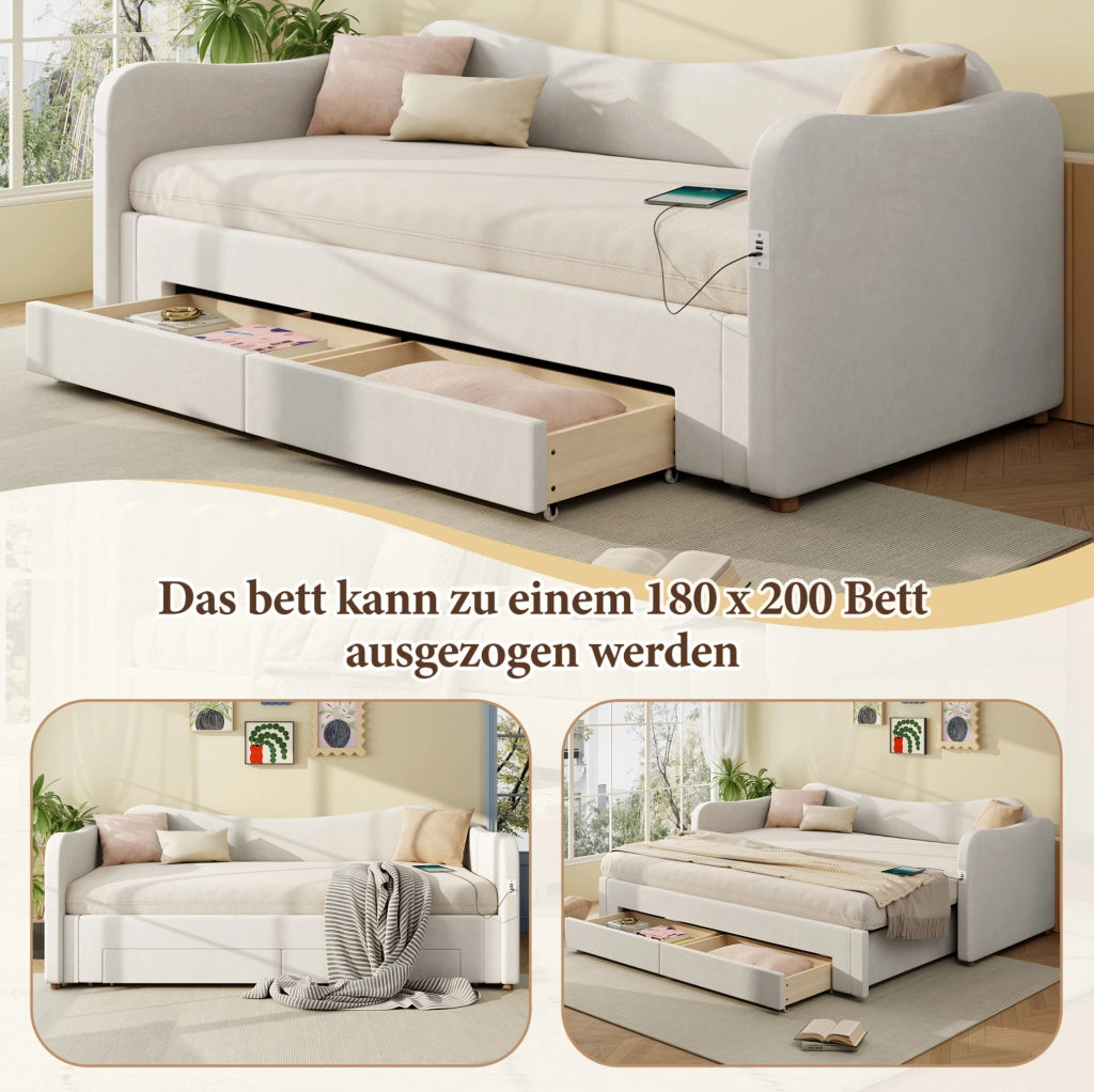 Letto singolo estraibile 90x200 cm in velluto beige con USB