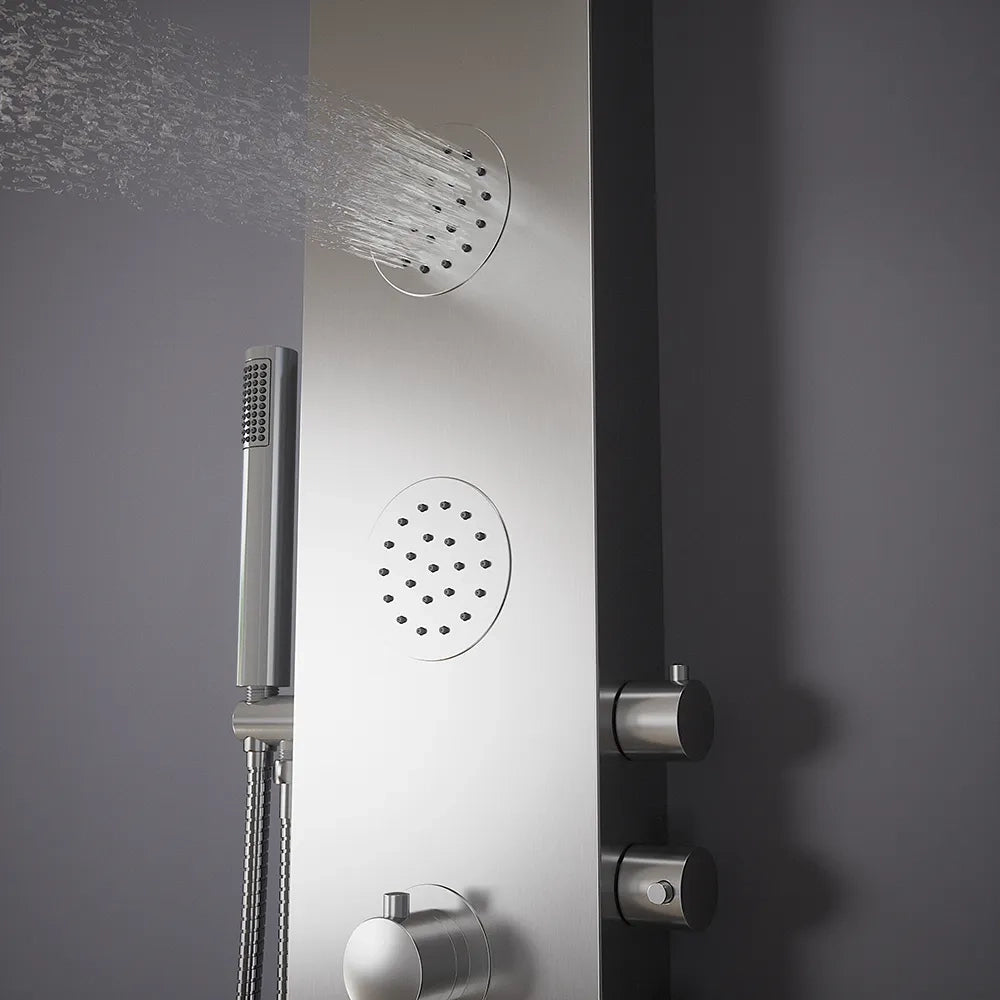 Pannello doccia termostatico con cascata in acciaio cromato, doccino, 4 funzioni |  Saturnia