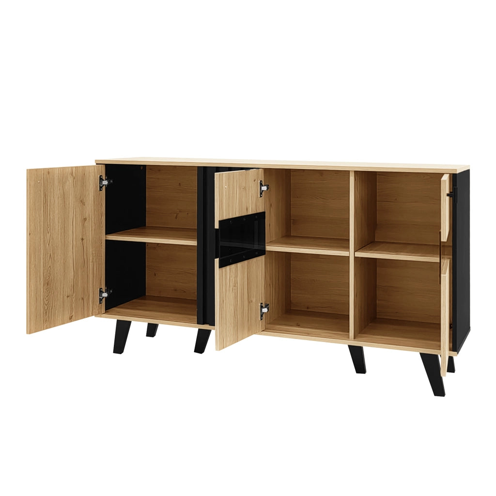 Credenza con 3 ante e ripiani, LED e anta in vetro, per soggiorno, legno e nero, 140 × 78,5 × 41 cm
