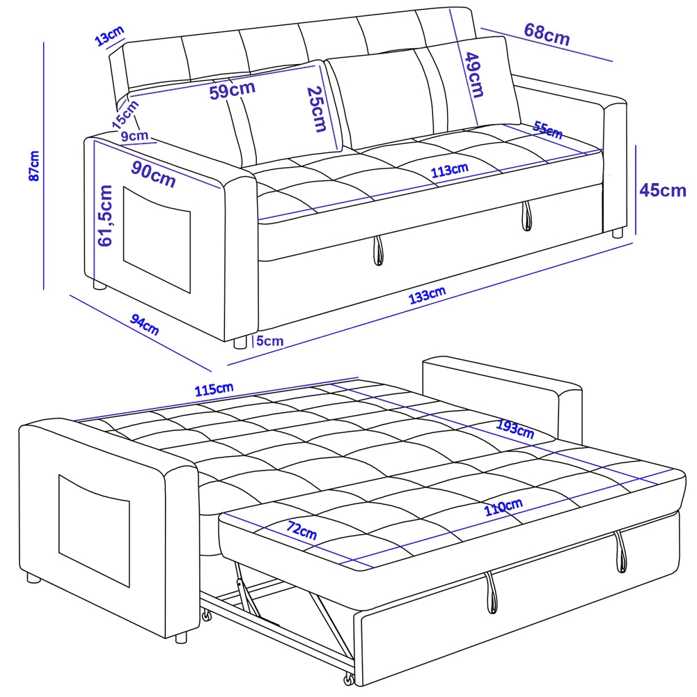 Divano Letto 2 Posti in Velluto Soft con Letto Estraibile e Struttura Rinforzata Beige
