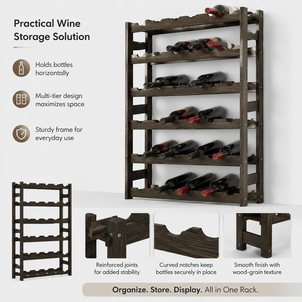 Wine Rack For 30 Bottles, Black Solid Pine Wood