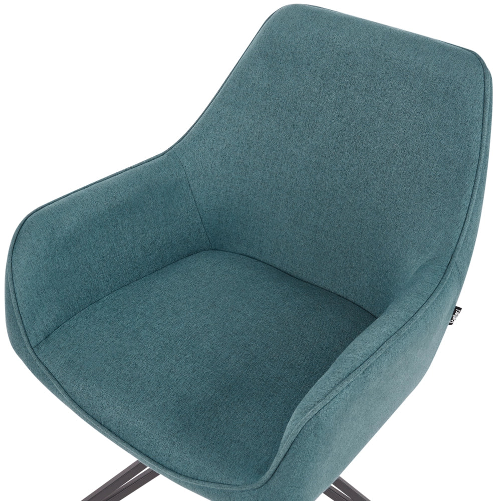 Set di 2 sedie da pranzo girevoli in tessuto blu foglia di tè con braccioli e schienale in metallo nero con gambe in stile retrò