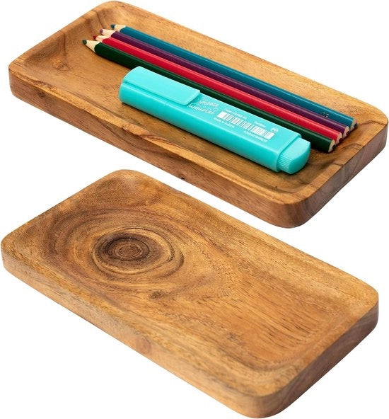 Set di servizio in legno acacia rettangolare – set da 2 pezzi 20 x 10 cm mini-servizio decorativo in legno piccolo servizio decorativo in legno allungato cassetto per penne scrivania-servizio decorativo in legno sottile contenitore decorativo in legno
