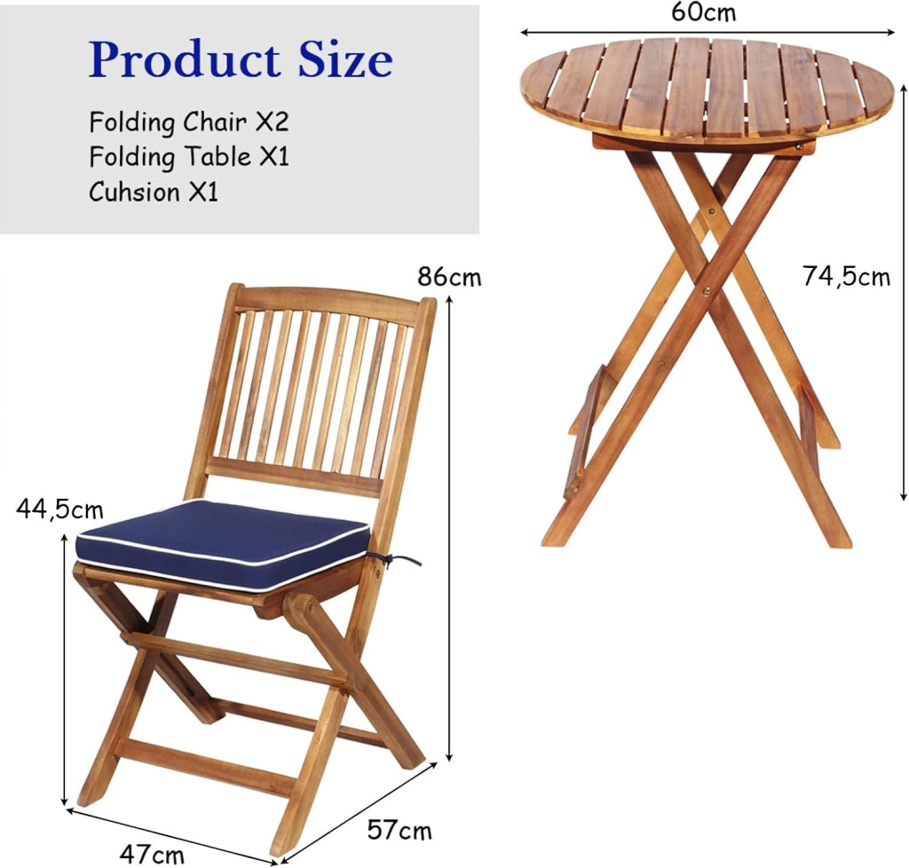 Set da Bistrò Pieghevole, Tavolo Portato 40 kg, Sedie con Cuscini Portato 160 kg, Set Giardino, Set Tavolo e Sedie da Giardino, Set da Esterno per Balcone (Cuscini Blu)