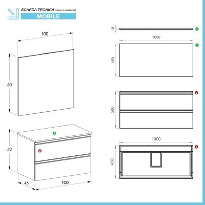 Mobile bagno sospeso 100 cm rovere miele con top e specchio tondo Master