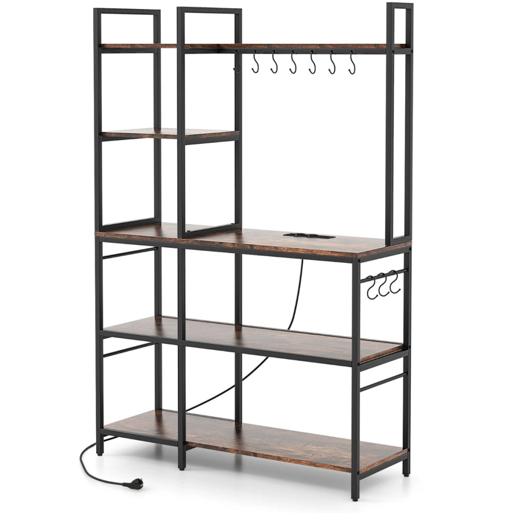 Scaffale da cucina con prese di corrente, Tavolo bar con 5 ripiani e 10 ganci a forma di S Marrone rustico-Organizzazione della cucina