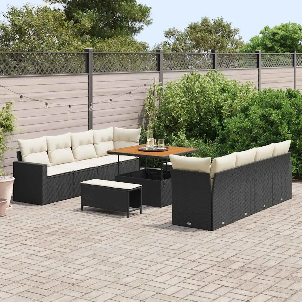 Set Divano da Giardino 12 pcs Nero e Crema polyrattan