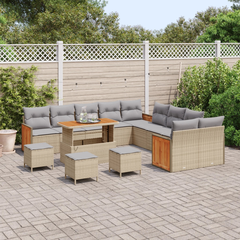 Set Divano da Giardino  14 Pezzi con Cuscini Beige Polyrattan Acacia