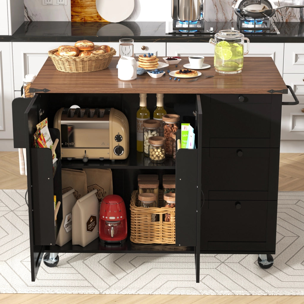 Carrello da Cucina con Piano Estraibile ¨C MINIMAL ¨C Nero, 2 Ante e 3 Cassetti, Effetto Legno