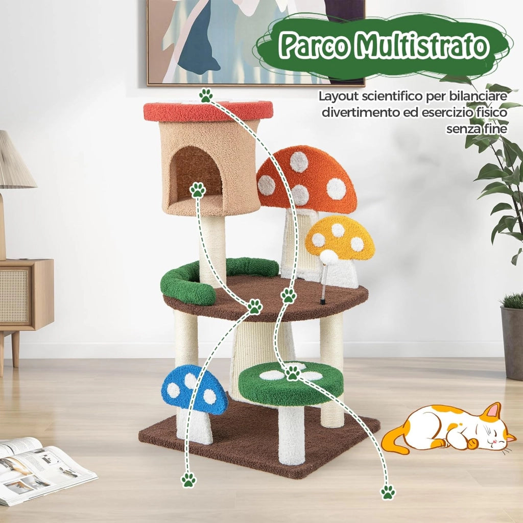Albero per Gatti a Fungo 4-in-1, Torre Multi-Livello per Gatti con Condo, Piattaforma e Palla a Molla, Centro Attività per Gattini con Pali in Sisal e Tiragraffi