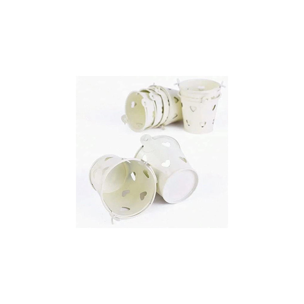 Trade Shop - 24 X Secchielli Bianchi Con Cuori In Latta Verniciata Portaconfetti Bomboniera -