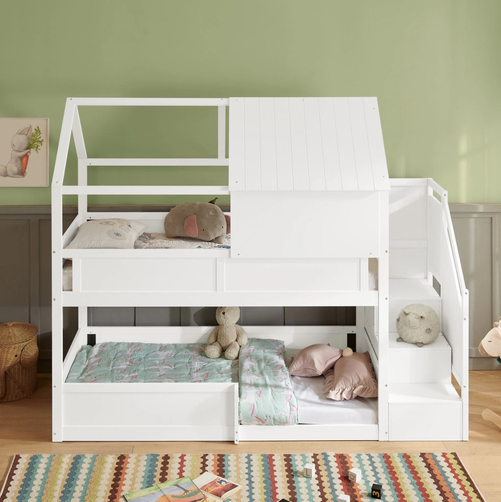 Letto a castello in legno massiccio per due persone; con scala laterale e tetto; bianco