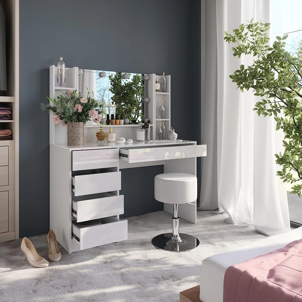 Tavolo da toeletta Sherry, Bianco/bianco lucido, 119.8 cm 5 parti