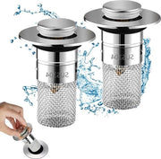 Filtro di scarico in acciaio inossidabile - Set di setola da lavabo rimovibile - Largo filtro - Filtro di scarico a tipo push - Bagno cucina - Bocchetta di scarico 34-40 mm - 2 pezzi