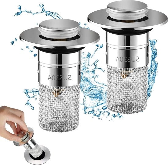 Filtro di scarico in acciaio inossidabile - Set di setola da lavabo rimovibile - Largo filtro - Filtro di scarico a tipo push - Bagno cucina - Bocchetta di scarico 34-40 mm - 2 pezzi