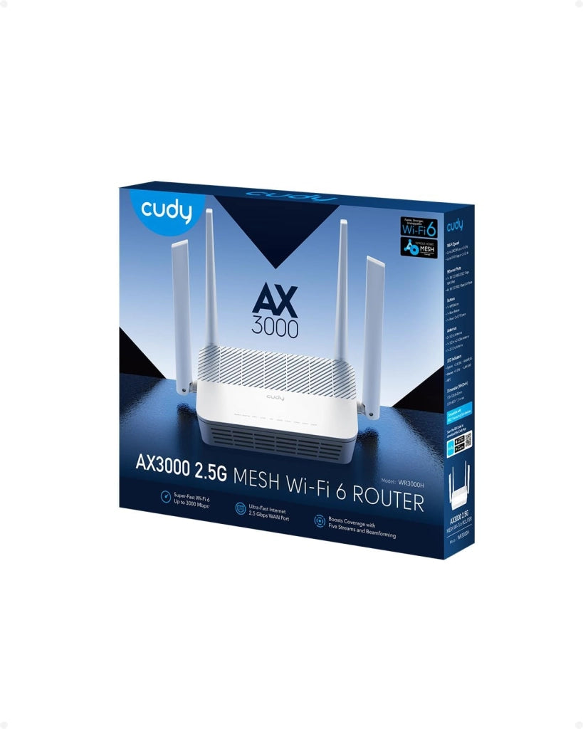 Cudy AX3000 WR3000H Router Dual Band WiFi 6 Mesh, 2,5 Gbps WAN, 4 Porte RJ45 Gigabit, MU-MIMO, OpenVPN, Wireguard, Zerotier, Ipsec VPN, APP Cloud