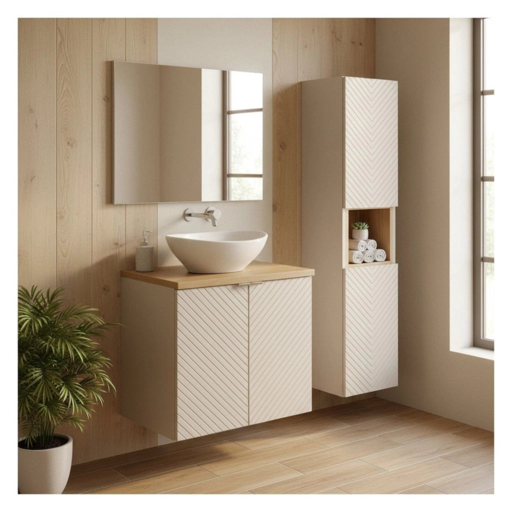 Insieme AOKI: mobile sottolavabo con armadietto 60cm + piano lavabo in rovere + lavabo bianco rotondo da appoggio + colonna