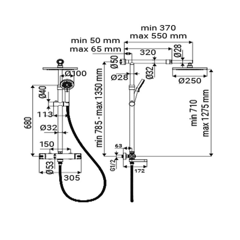Colonna doccia cromata con braccio e asta estensibili - Serie Samoa