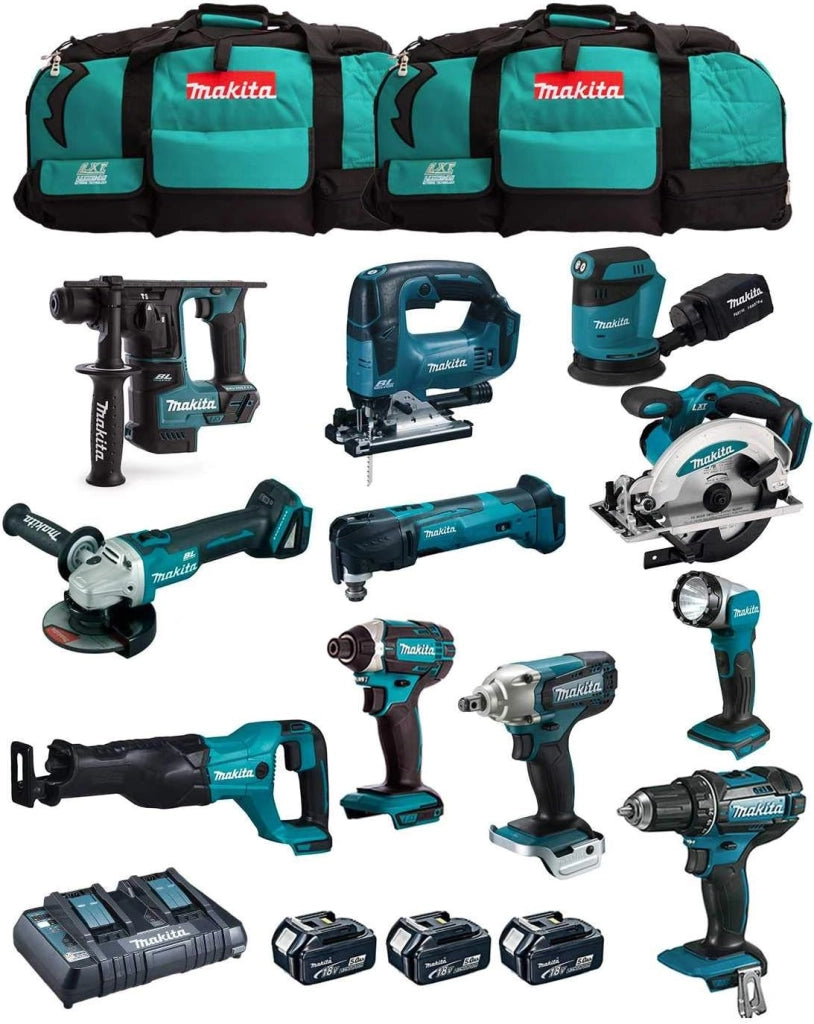 MAKITA Kit MK1101 (DDF482 + DHR171 + DGA504 + DTD152 + DJV182 + DSS610 + DJR186 + DBO180 + DTM51 + DML802 + DTW190 + 3 Batterie 5,0 Ah + Caricabatterie + 2 x LXT600)