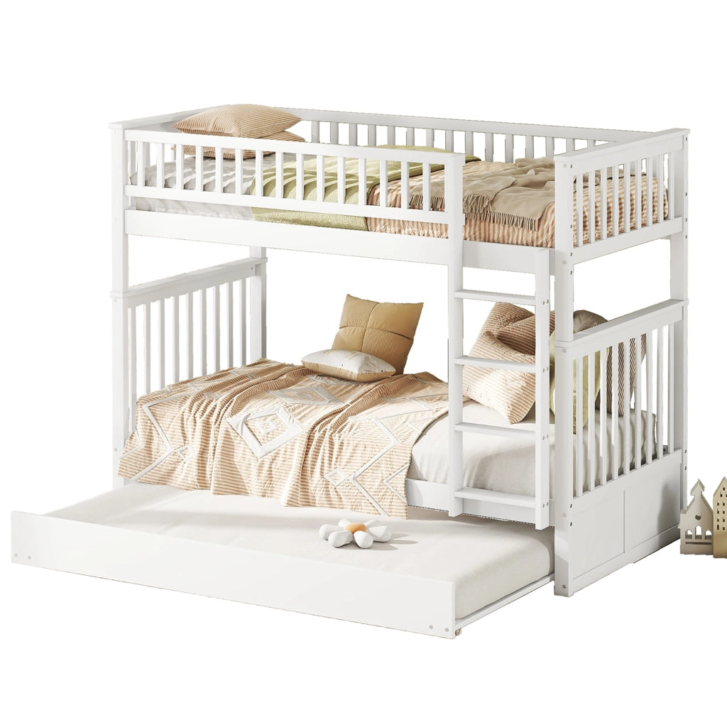 OKWISH Letto a Castello 90×200 cm, Letto 3 Posti con Letto Estraibile, Scala e Sponde Alte, senza Materasso, in Pino, Bianco