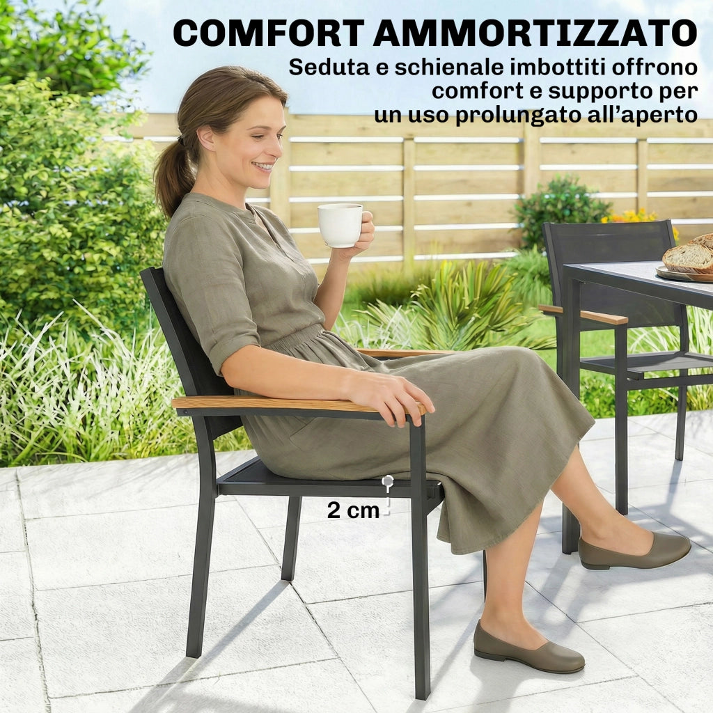 Set 2 Sedie Giardino Impilabili con Seduta e Schienale Imbottiti, Grigio Scuro