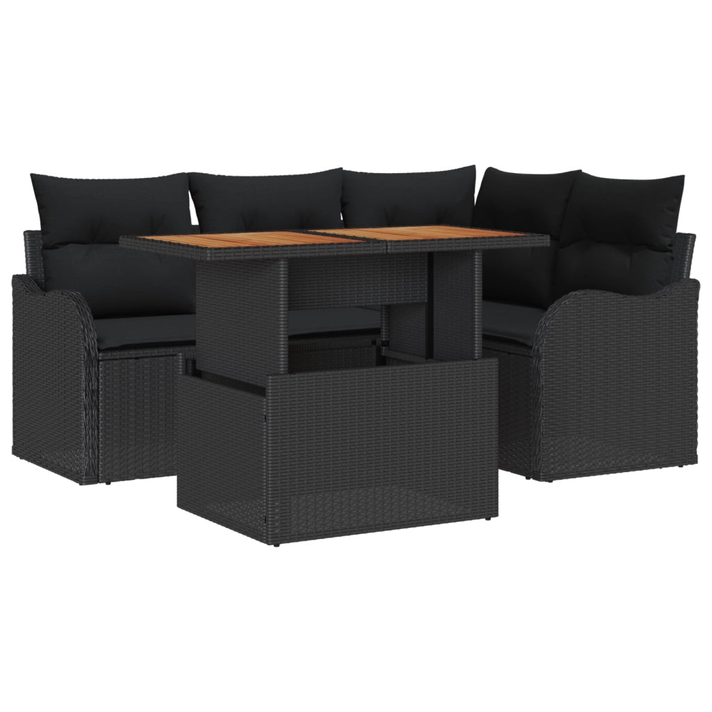 Set Divano da Giardino di 5 Pezzi con Cuscini Nero Rattan