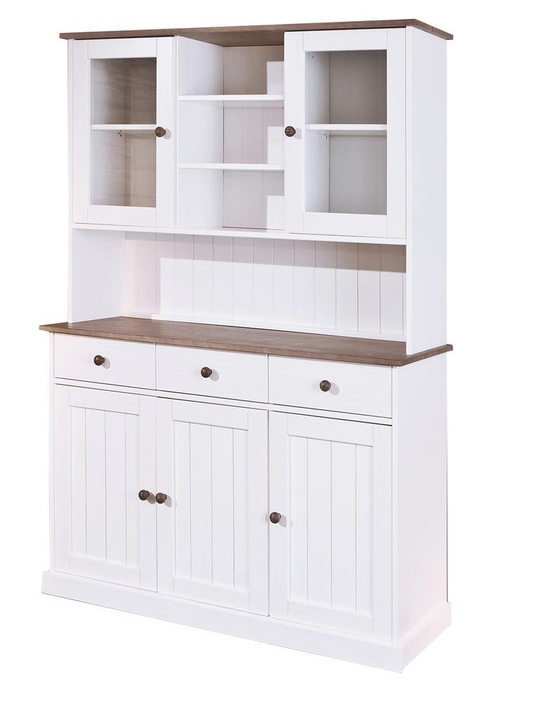 MOBILE SOGGIORNO CREDENZA WESTERLAND 5ANTE+3CASSETTI 131x45x181H PINO MASSELLO VERNICIATO A ACQUA BIANCO +TOP E FINITURE MARRONE