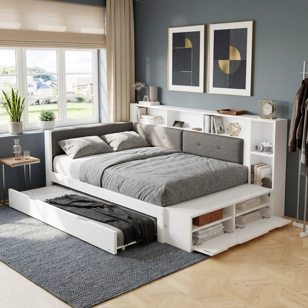 Letto in legno con letto estraibile e scrivania, 120x200+90x190 cm, bianco